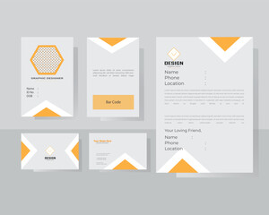 Brand identity mockup of stationery set with white and orange color. Business office stationery mockup template of business card, id card, letterhead, brand identity design, brand identity.