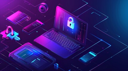 Dual authentication concept. Modern methods of protecting personal data, authorization and verification of users identity. Password, padlock and key near laptop. Isometric vector illustration