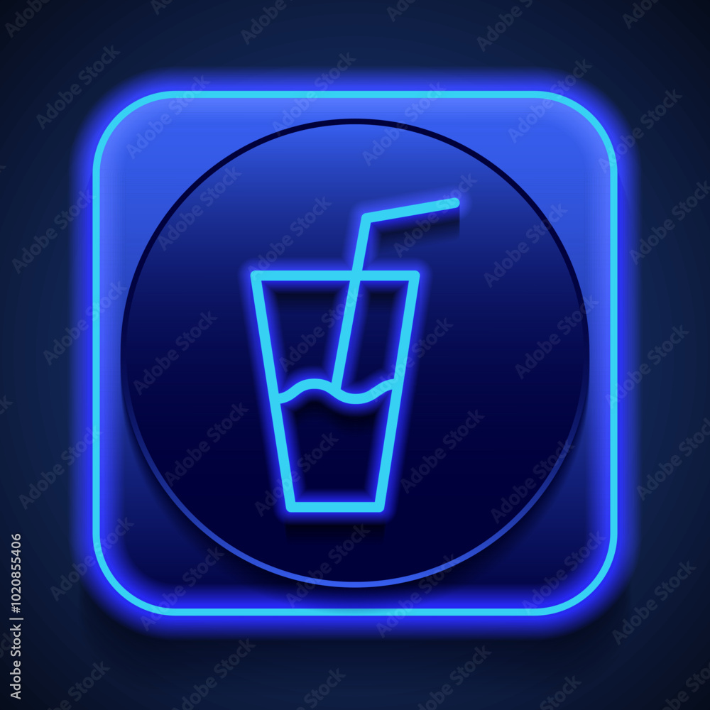 Poster glass with straw simple icon vector. flat design. blue neon style on button. with shadow