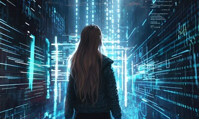 teenage girl on binary code background in digital world
