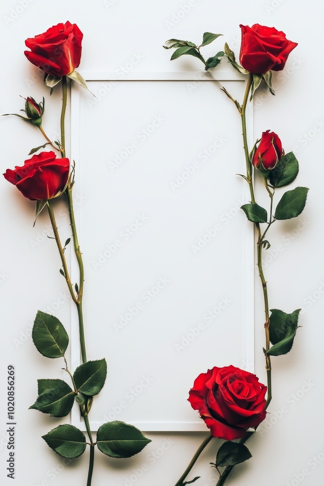 Poster elegant arrangement of red roses framing an empty space for creative text or design.