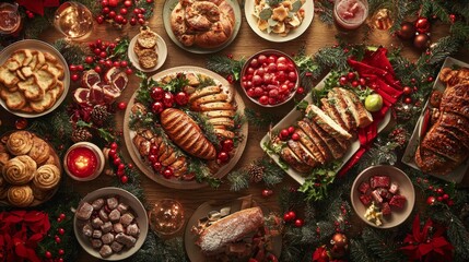 Fototapeta premium Festive Christmas feast with a variety of holiday dishes and decorations