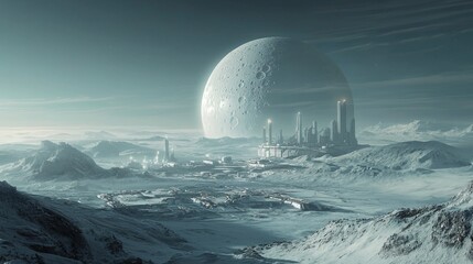A futuristic colony on a habitable moon orbiting a gas giant