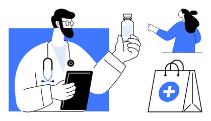 Doctor holding medicine bottle, using tablet, and medical bag. Ideal for healthcare, medical consultation, e-prescriptions, pharmaceuticals, and telemedicine. Simplistic modern style