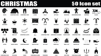 Christmas fill web 50 icons set isolated. Black and White Collection of Xmas icons set. Set of Modern Flat Christmas Icons for Design Projects