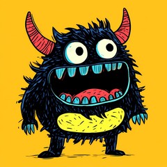 Fototapeta premium A colorful, cartoonish monster with large eyes and a big mouth, set against a bright yellow background.