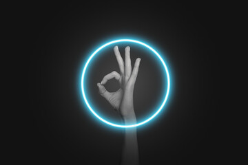Composite trend artwork 3D sketch image photo collage of dark background neon light lamp tube circle shape hand show gesture ok okay sign