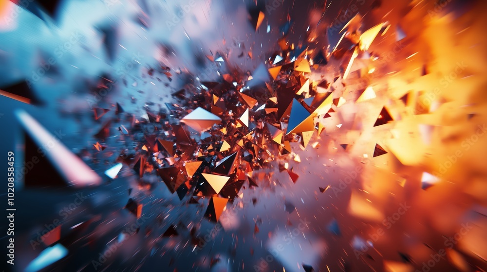 Poster dynamic explosion of colorful triangular shapes in a vibrant abstract setting