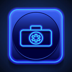 First aid kit simple icon vector. Flat design. Blue neon style on button. With shadow
