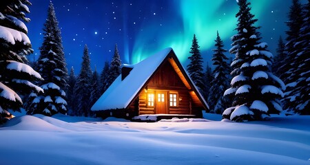 Aurora Lights Shining Over a Cabin in the Snowy Wilderness_004