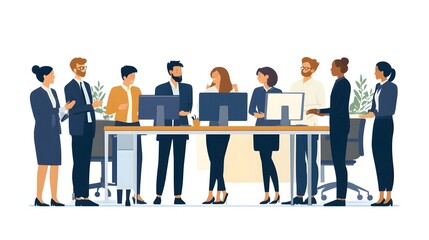 Cartoon vector-style business team in an office working together on a computer, against a white background.