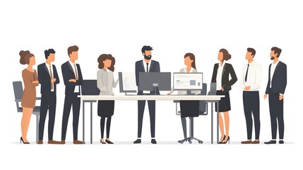 Cartoon vector-style business team in an office working together on a computer, against a white background.