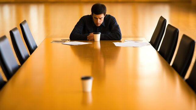 Man sitting alone at large empty conference table with sad expression, symbolizing corporate breakup amidst scattered documents and half-empty coffee cup.