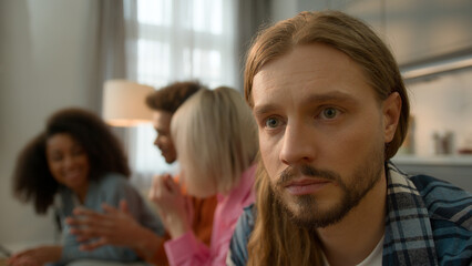 Stressed upset sad frustrated Caucasian man male guy separated thinking problem trouble depressed...