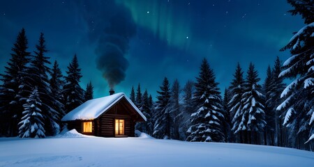 Naklejka premium Aurora Lights Shining Over a Cabin in the Snowy Wilderness_013