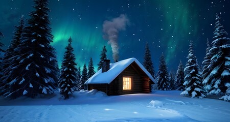 Fototapeta premium Aurora Lights Shining Over a Cabin in the Snowy Wilderness_015
