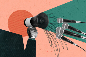 Composite collage artwork image picture of arm hold loudspeaker microphone isolated on creative background