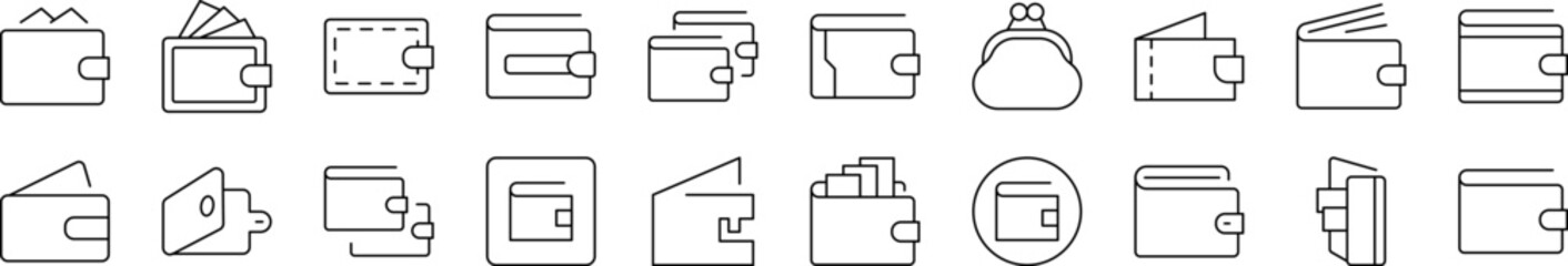 Wallet for Money Outline Sign Collection. Editable Stroke. Perfect for Infographics, Articles, Books, Flyers, Banners