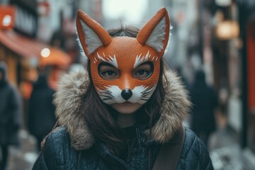 Young woman wearing animal mask looking up in urban setting, quadrober subculture
