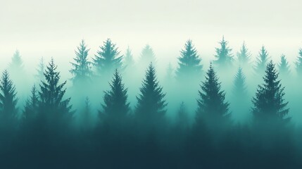 Fototapeta premium A serene morning in a misty forest with lush green trees enveloped in tranquil gradients background
