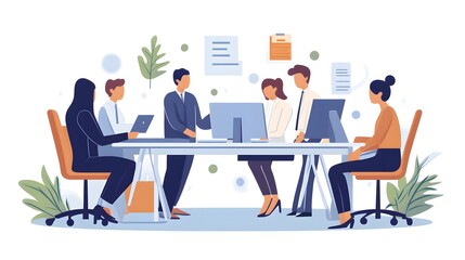 Cartoon vector-style business team in an office working together on a computer, against a white background.