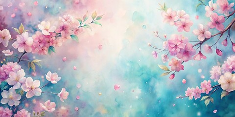 Delicate Watercolor Depiction of Blooming Flowers on Branches with Falling Petals Against a Soft Pastel Background