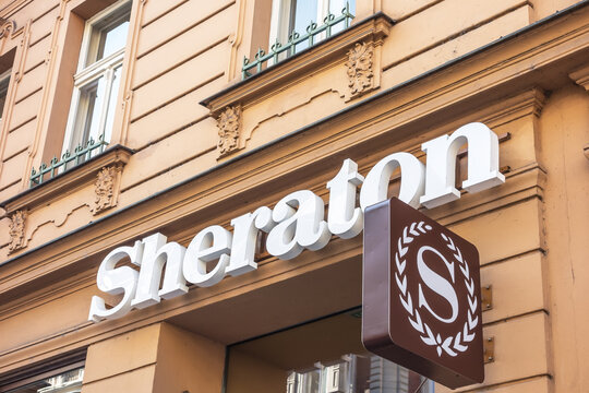 Prague, Czech Republic - Sep 6, 2013: Sheraton Hotel logo on the wall. Sheraton Hotels and Resorts is an American international hotel chain owned by Marriott International.