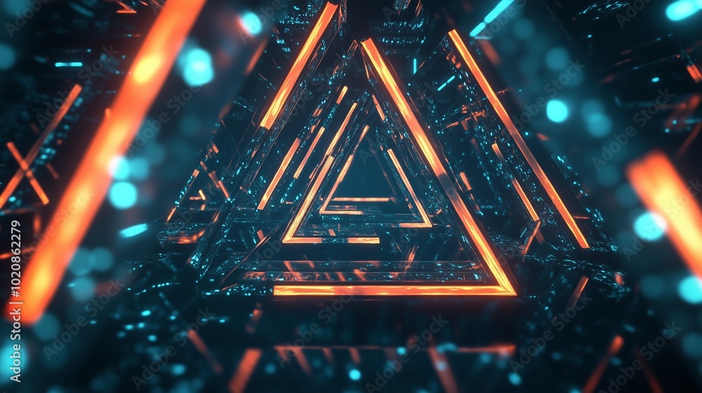 Poster abstract neon triangles create a mesmerizing tunnel effect with glowing lights in a digital space