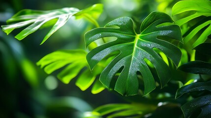 Close-up of large, lush, green monstera leaves with water droplets.