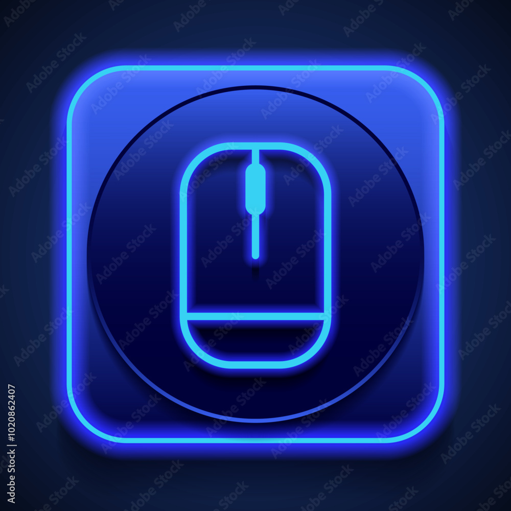 Poster computer mouse simple icon vector. flat design. blue neon style on button. with shadow
