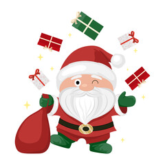 Cute Santa Claus with gifts and gift bag