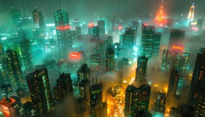Fototapeta premium A Futuristic Cityscape Bathed in Neon Lights and Rain
