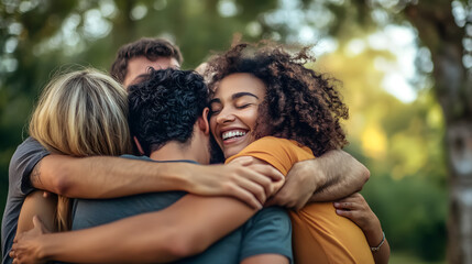 Fototapeta premium Group of people hugging each other in the park.