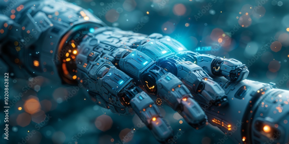 Poster robotic hand with intricate mechanical components and glowing lights, symbolizing advanced technolog