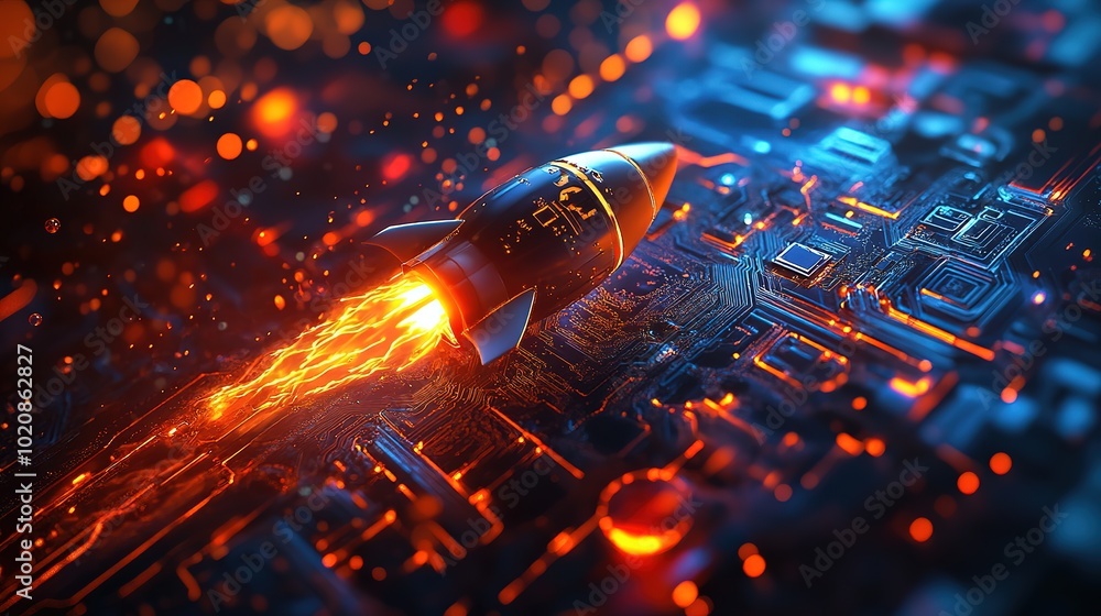 Poster high-tech scene featuring a digital rocket launching from a sophisticated al chip, the rocket's body