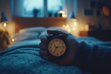 Close-up of a hand turning off an alarm clock in the morning, with a blurred background of a cozy bedroom, representing the daily routine and the struggle to wake up
