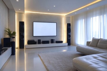 Modern living room with home cinema displaying blank screen
