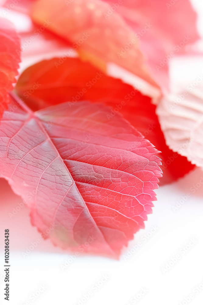 Wall mural A collection of elegant red leaves beautifully arranged against a clean white backdrop, showcasing the intricate details and colors of autumn foliage that evoke a sense of seasonal change