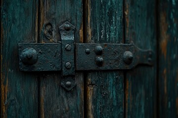 Close-up of a Black Metal Hinge on a Weathered Wooden Door