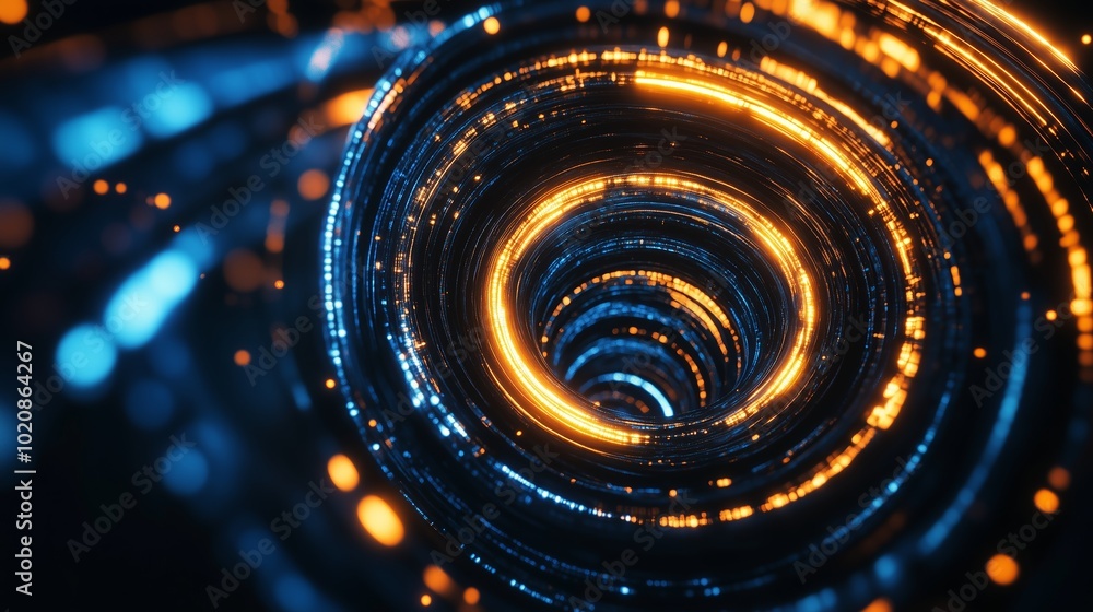 Poster a swirling vortex of blue and orange light creating visual depth and movement in a digital abstract 