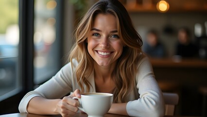 A cheerful woman savoring a cup of coffee in a warm, inviting caf atmosphere