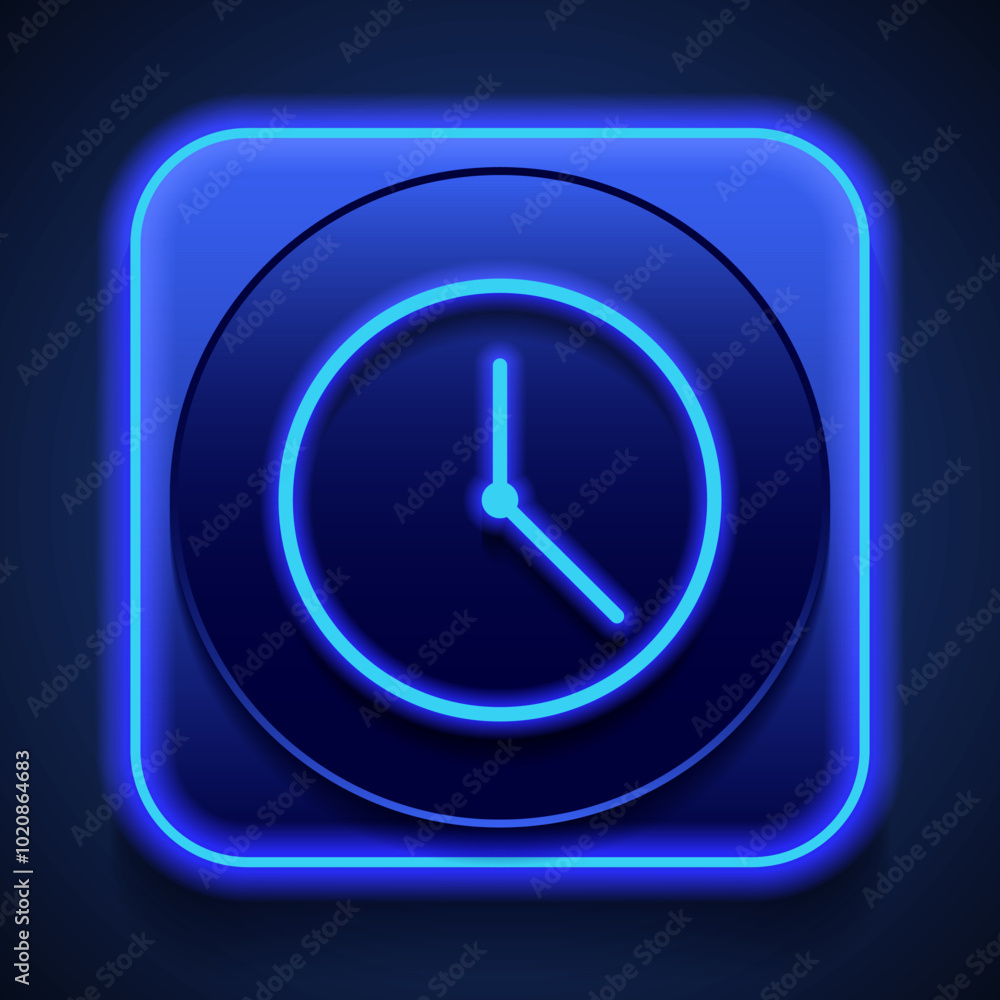 Poster clock simple icon vector. flat design. blue neon style on button. with shadow
