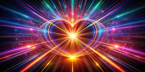 Naklejka premium An illuminated heart shines brightly, sending out vivid laser beams in stunning HDR, capturing powerful emotions and stirring deep expressions within