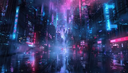 Neon Cityscape Under Rain with Blurry Reflections