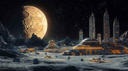 A lunar base with futuristic buildings and rovers