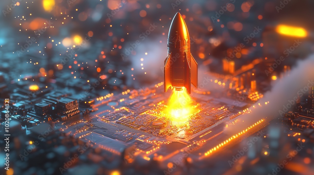Poster high-tech scene featuring a digital rocket launching from a sophisticated al chip, the rocket's body