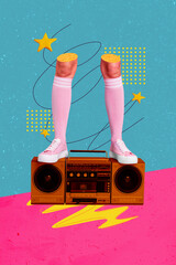 Vertical composite collage artwork image picture of legs boombox stars isolated on creative...