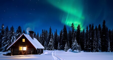 Aurora Lights Shining Over a Cabin in the Snowy Wilderness_067