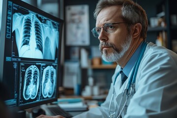 Fototapeta premium Doctor looking at x-ray image of lungs on computer screen