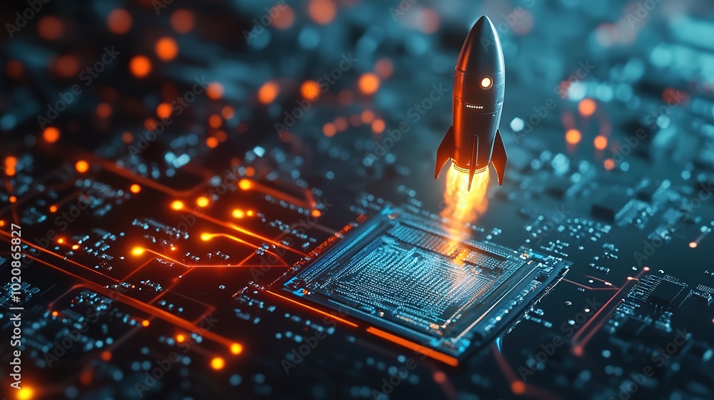 Poster high-tech scene featuring a digital rocket launching from a sophisticated al chip, the rocket's body